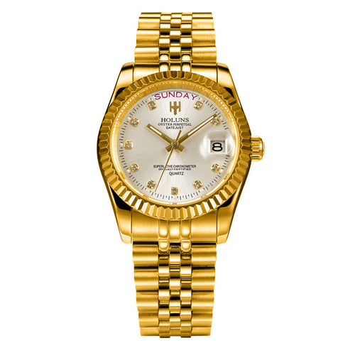 Elegant diamond-accented timepiece featuring calendar display
