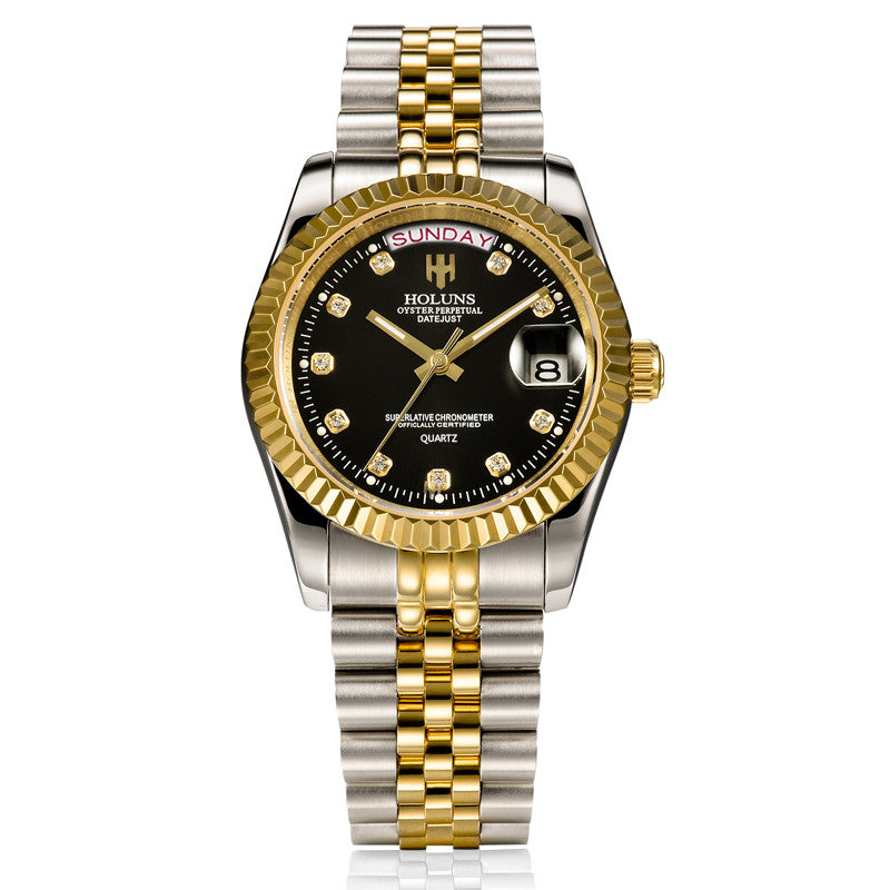 Elegant diamond-accented timepiece featuring calendar display
