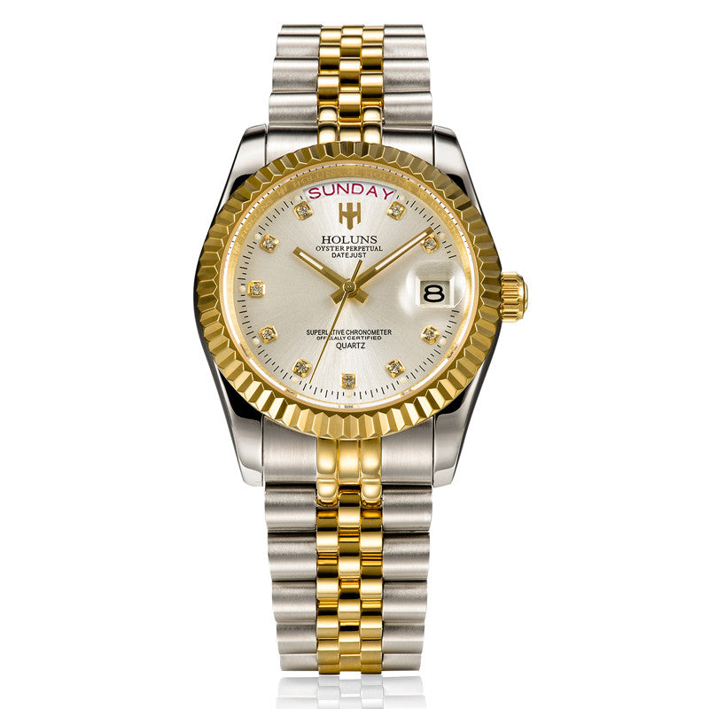 Elegant diamond-accented timepiece featuring calendar display