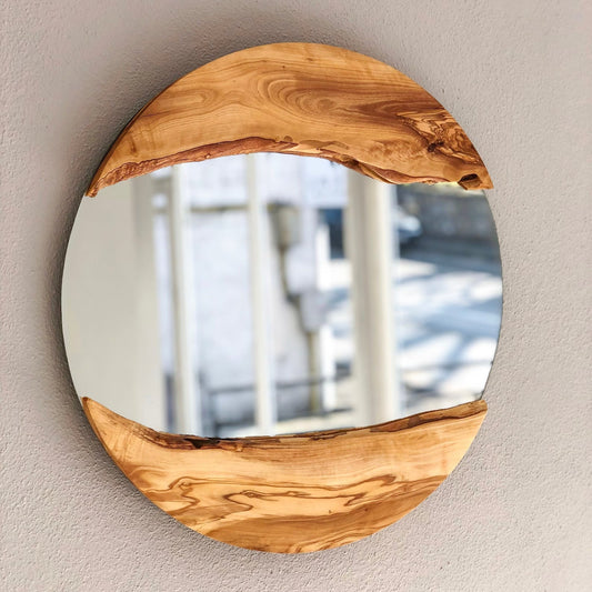 Handmade Wood Round Wall Mirror – Live Edge Wooden Frame | Rustic