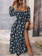 Flowers Printing Long Sleeve Dress Fashion Square-neck Bottom Slit