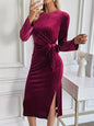 Velvet Slit Round Neck Long Sleeve Dress with Side Tie Detail