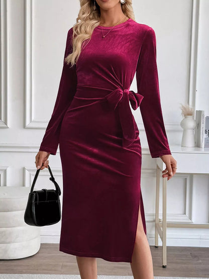 Velvet Slit Round Neck Long Sleeve Dress with Side Tie Detail