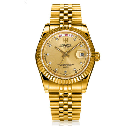 Elegant diamond-accented timepiece featuring calendar display