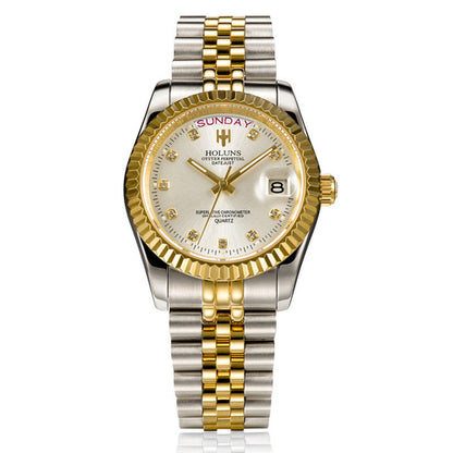 Elegant diamond-accented timepiece featuring calendar display