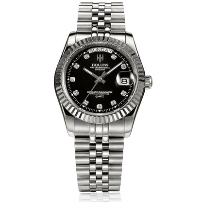 Elegant diamond-accented timepiece featuring calendar display