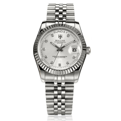 Elegant diamond-accented timepiece featuring calendar display