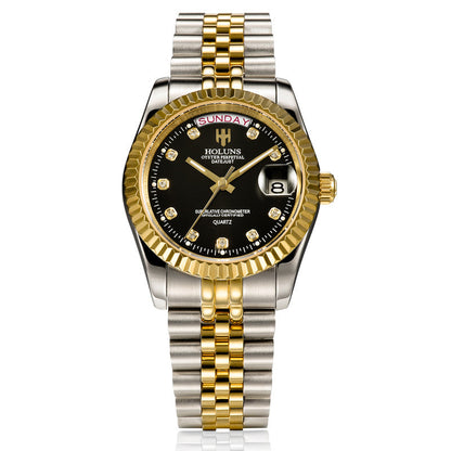 Elegant diamond-accented timepiece featuring calendar display