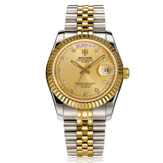 Elegant diamond-accented timepiece featuring calendar display