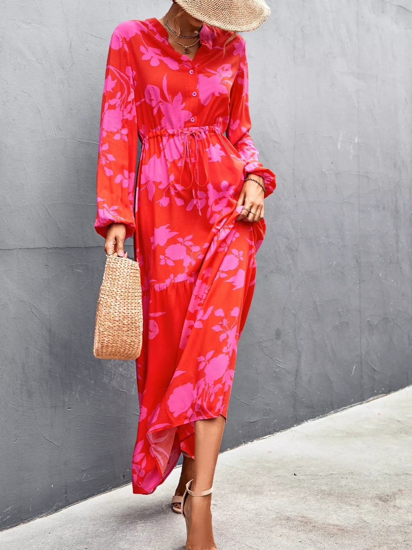 Floral Drawstring Waist Long Sleeve Maxi Dress