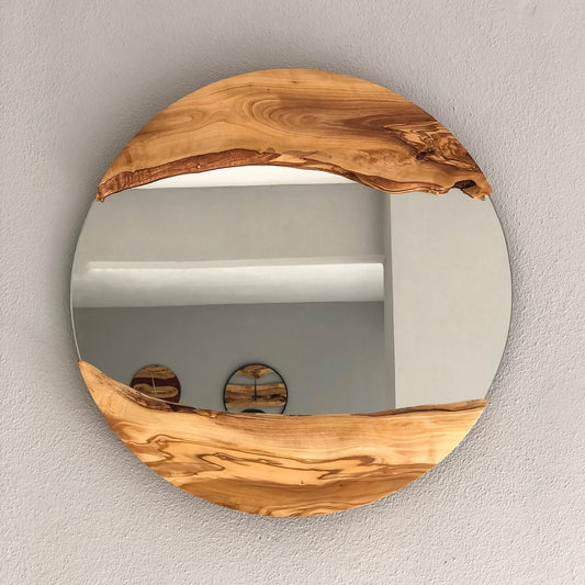 Handmade Wood Round Wall Mirror – Live Edge Wooden Frame | Rustic