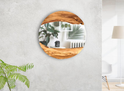 Handmade Wood Round Wall Mirror – Live Edge Wooden Frame | Rustic