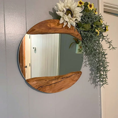 Handmade Wood Round Wall Mirror – Live Edge Wooden Frame | Rustic